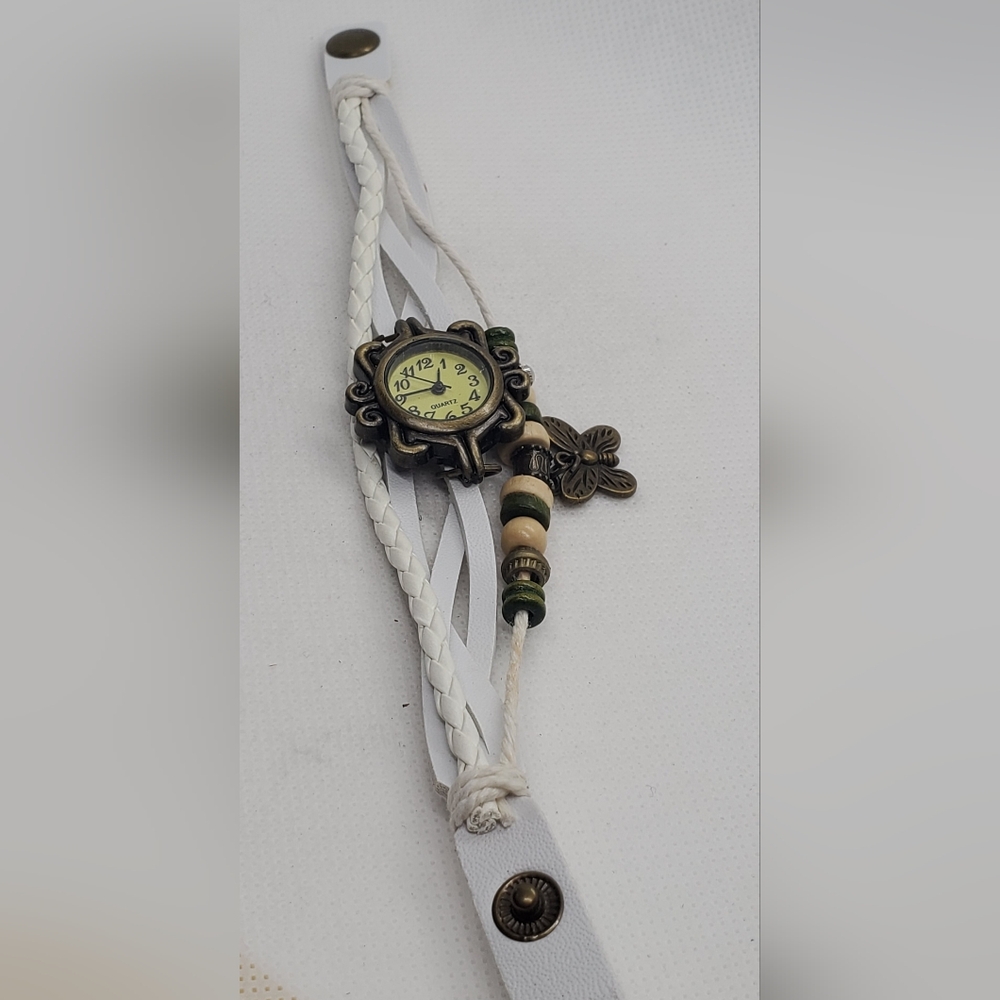 Quartz Watch In White Braided Leather Strap with Brass Details
